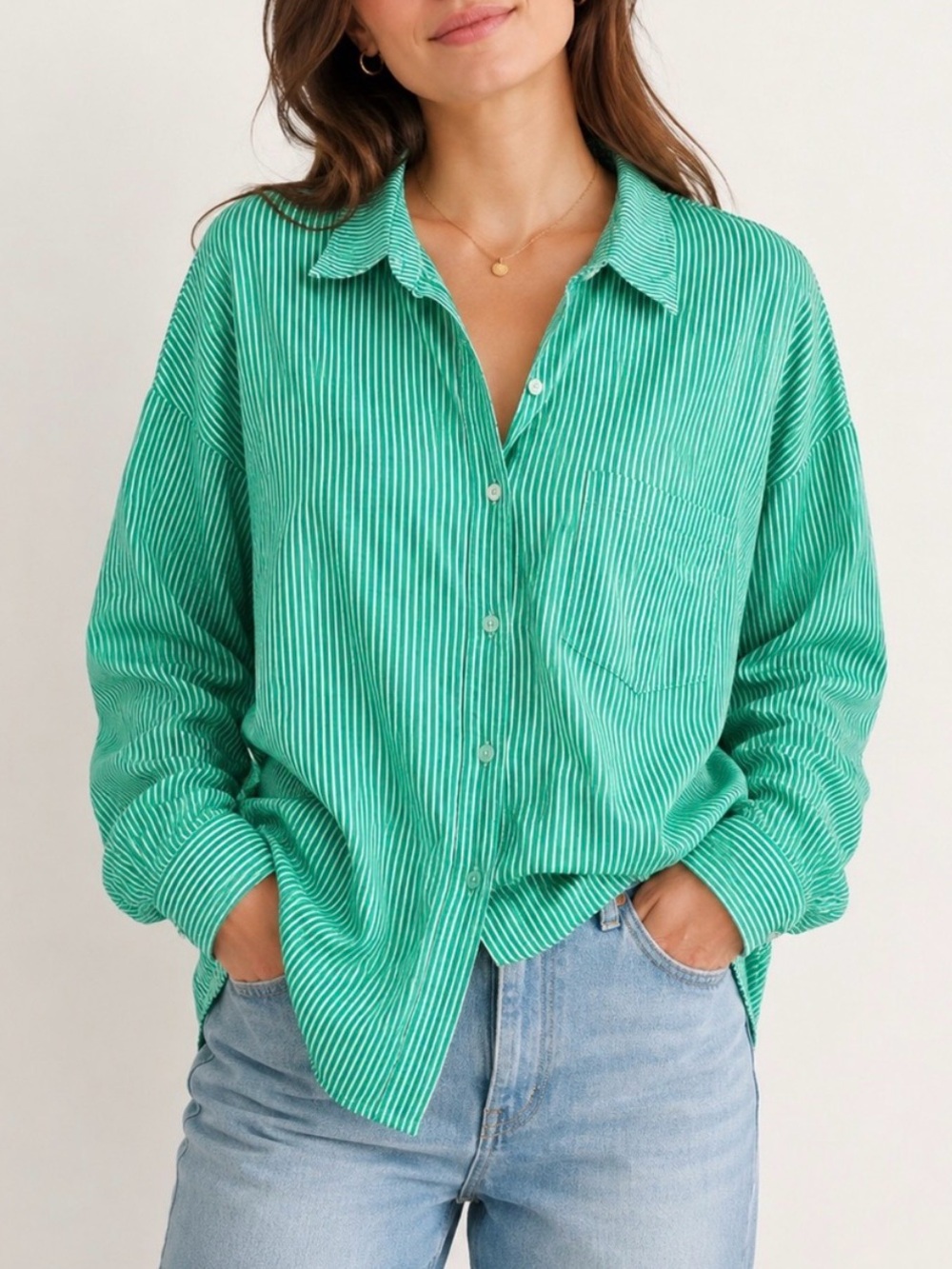 The Frankie Shop Sylvia Oxford Green/White Stripe Shirt M/L